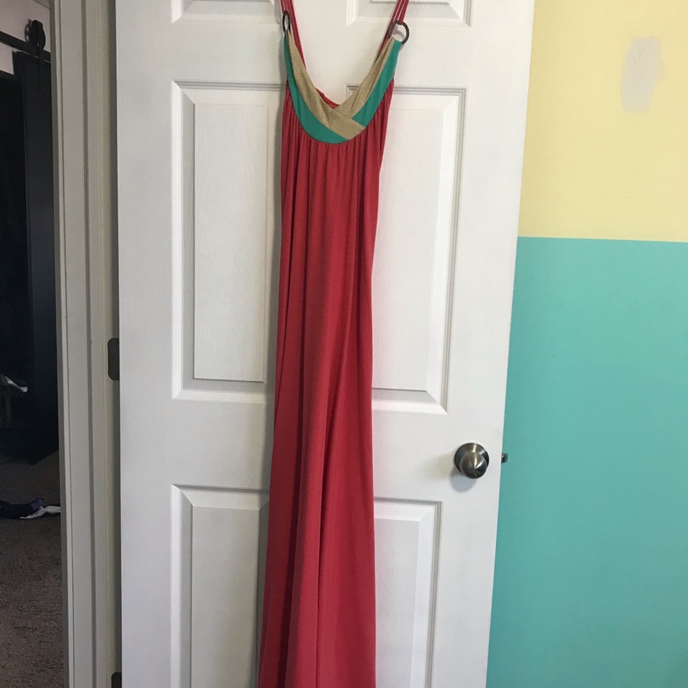 Orange maxi dress with gold and teal accent